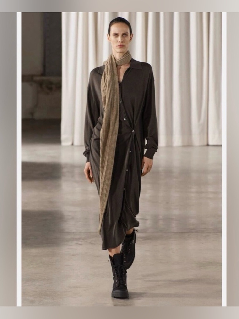 Zara nwt asymmetrical Long Button-Front Shirt Dress Dark Brown unique runway sma